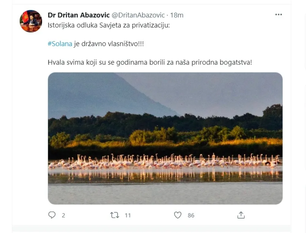 Абазовић: Улцињска Солана је опет државно власништво