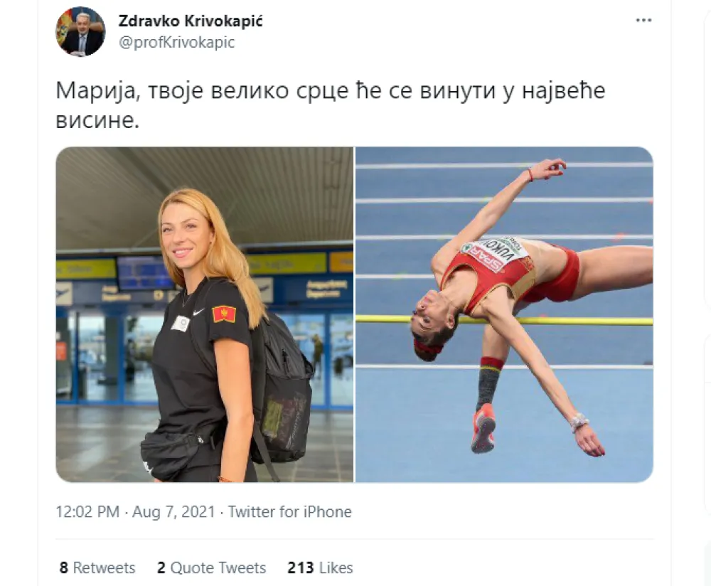 Кривокапић поручио Марији: Остварила си резултат на који сви можемо бити поносни!