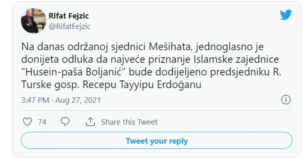 Ердогану највеће признање Исламске заједнице Црне Горе