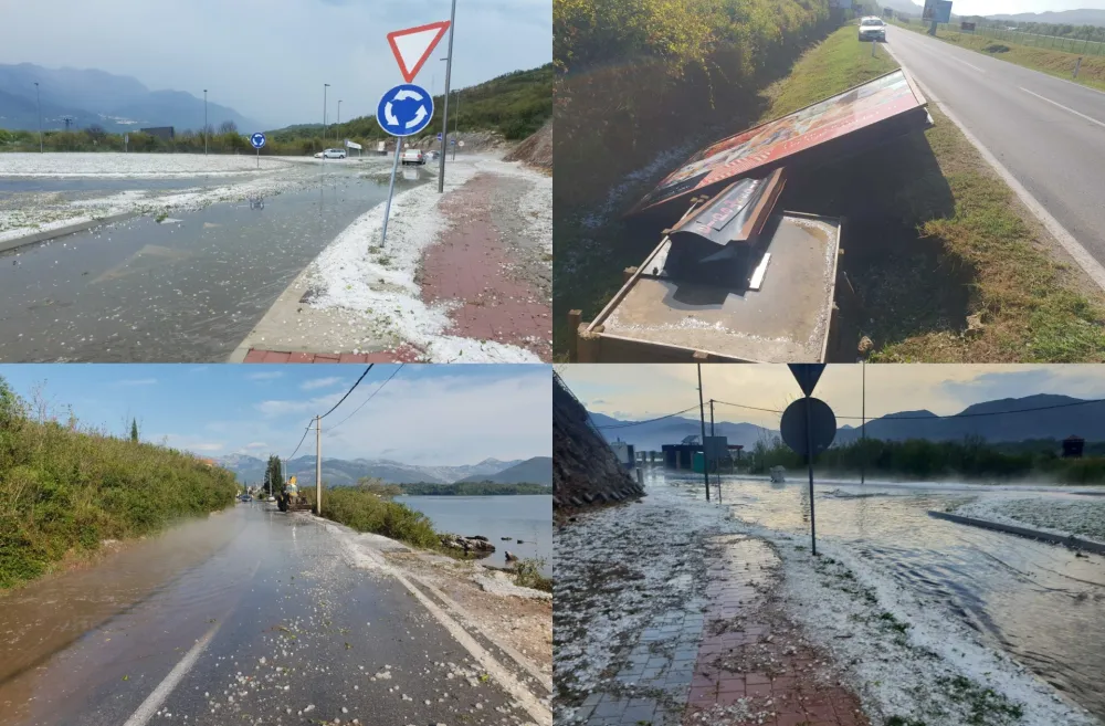 (ФОТО) Невријеме у Тивту изазвало доста проблема: Покидани каблови, оборени билборди...