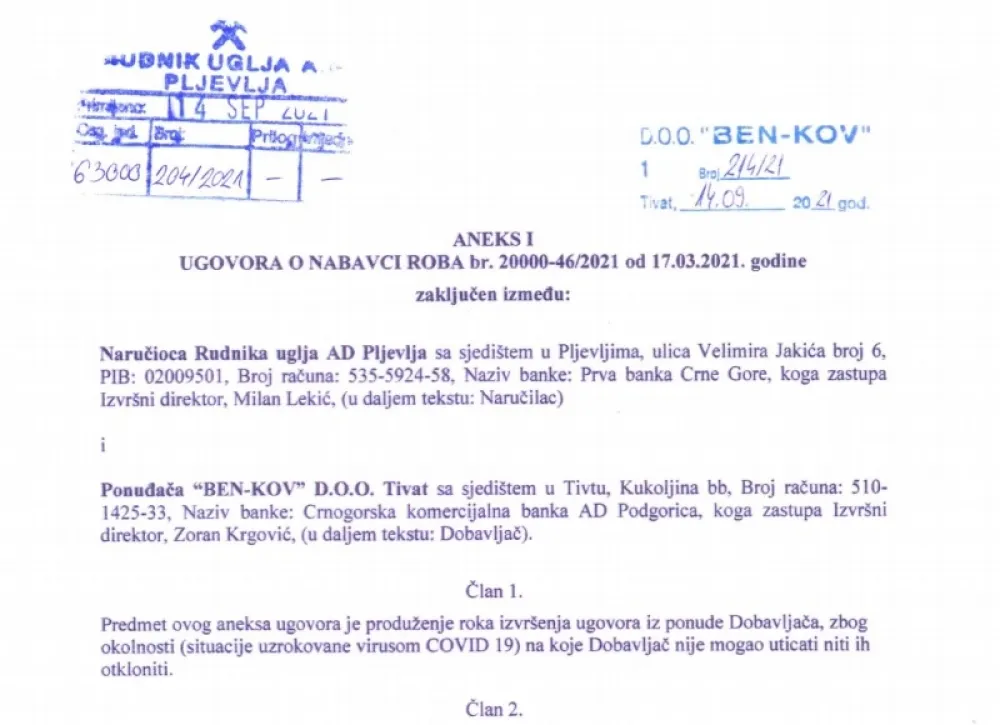Компанија &bdquo;Бен-Ков&rdquo; потписала анекс уговора са Рудником угља; Пробили рок у послу вриједном 380.000 еура