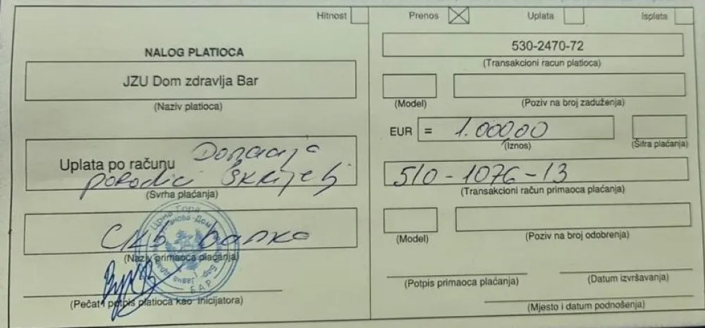 Барски Дом здравља донирао хиљаду еура породици Шкријељ