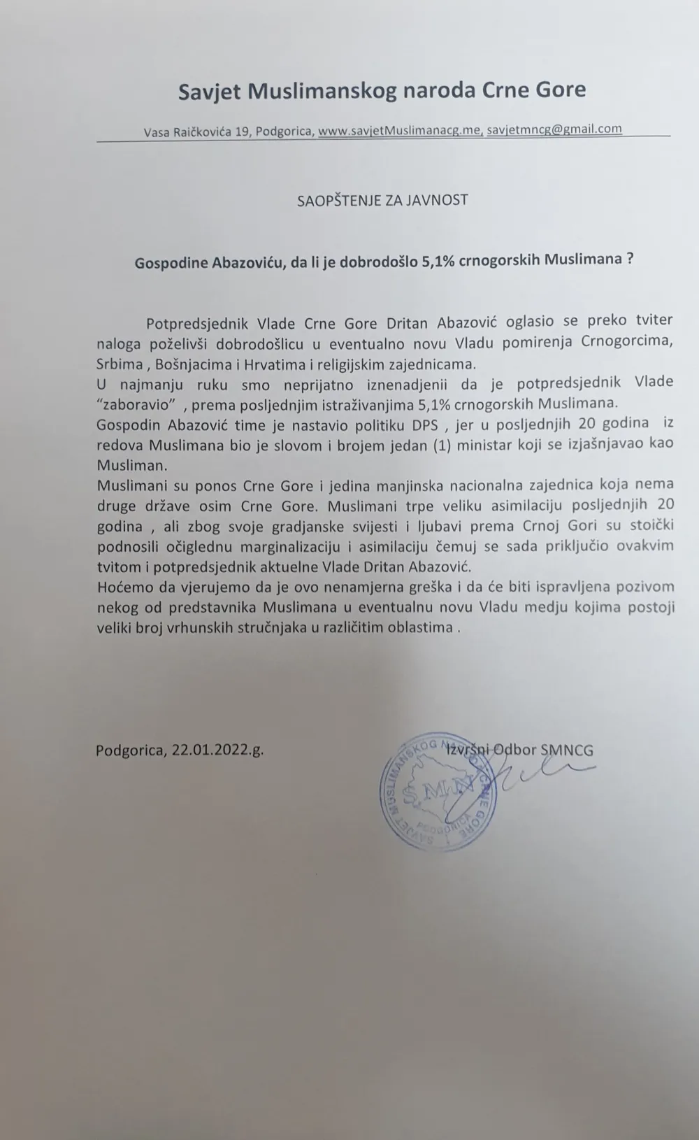 Савјет Муслиманског народа: Господине Абазовићу, да ли је добродошло 5,1% црногорских Муслимана ?