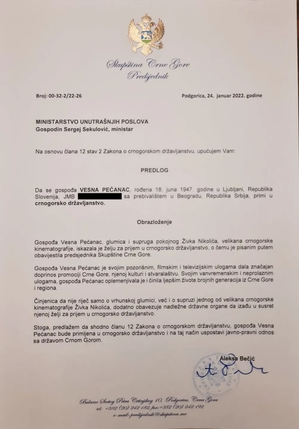 Бечић упутио Предлог да Пећанац добије црногорско држављанство