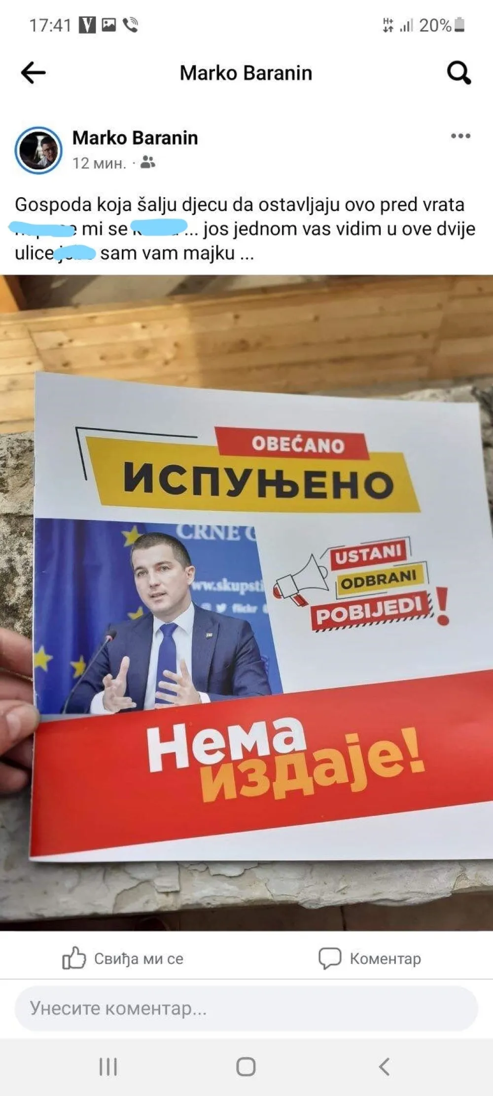 Фото: Скриншот Демократе<br>(Портал Дан је због изузетно увредљивих ријечи исте "прецртао" како би фотографија била објављена. Прецртане су псовке.