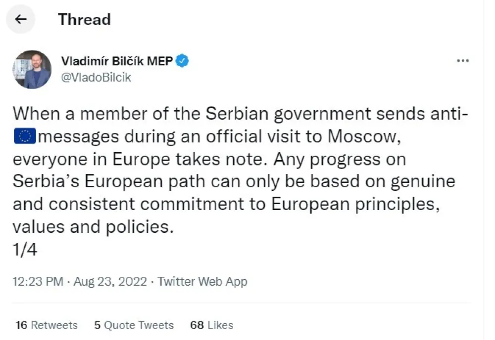 Bilčik o posjeti Vulina Moskvi: Srbija da uskladi svoju politiku sa EU