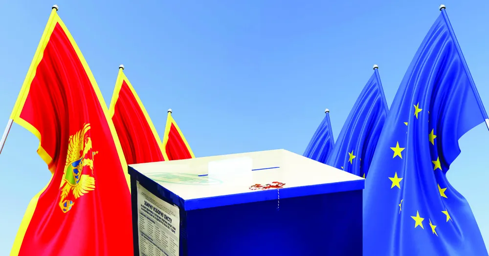 Three flags of the European Union and Montenegro on flagpoles on the sides. Flags on a blue background. Place for text. EU, Europe. Balkans. Commonwealth. 3D illustration.