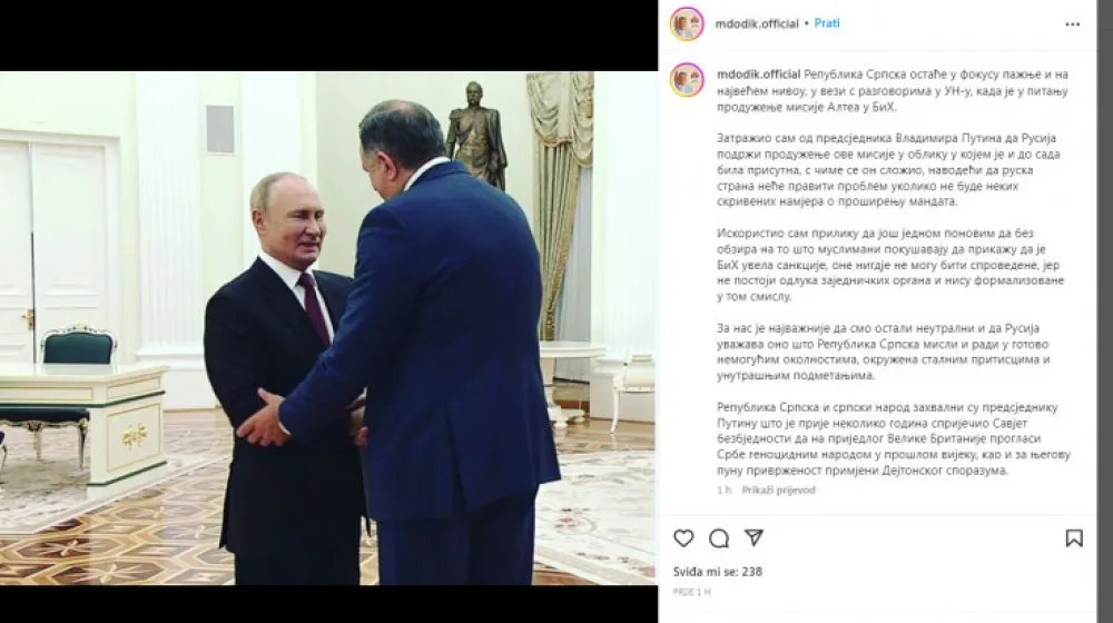 Dodik: Zatražio sam od Putina da Rusija podrži produženje misije Althea