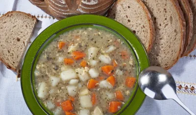 Soup - homemade potato soup with carrot and bread