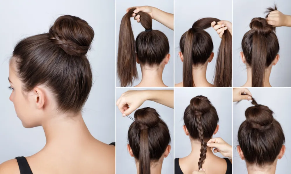 Hairstyle tutorial elegant bun with braid. Simple hairstyle twisted bun with plait tutorial. Hairstyle tutorial for long hair. Hairstyle bun. Tutorial. Hair model.