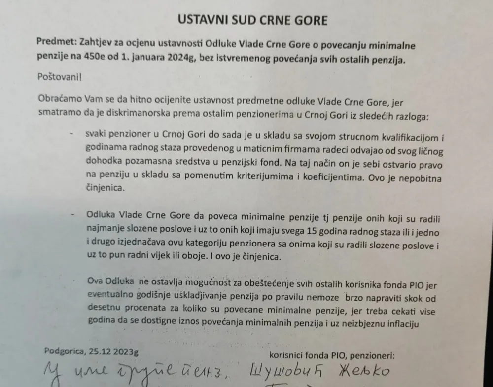 Inicijativa grupe penzionera Ustavnom sudu