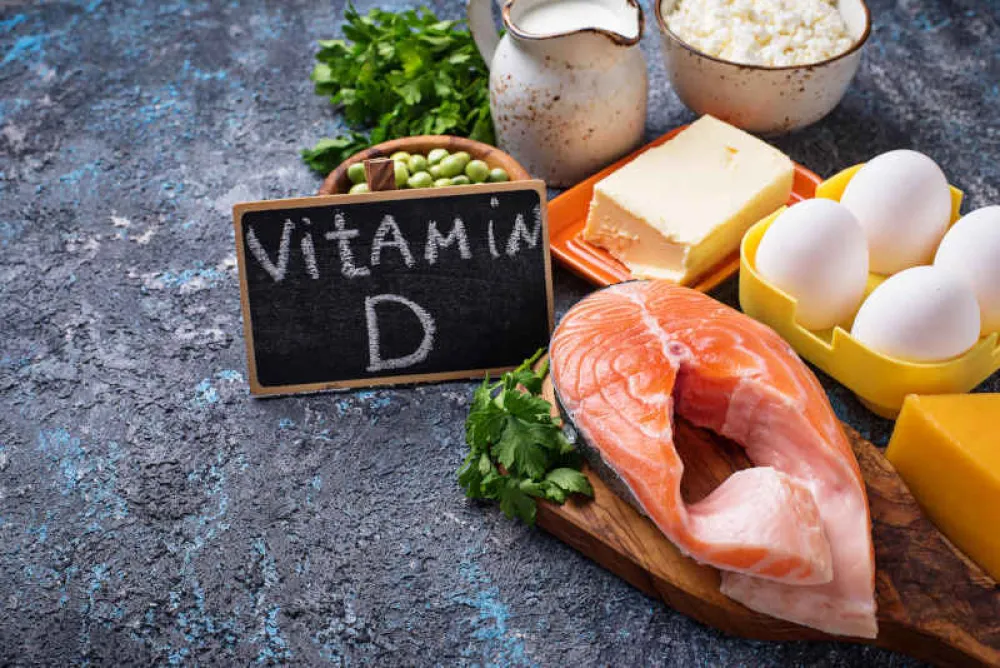 Healthy foods containing vitamin D. Selective focus