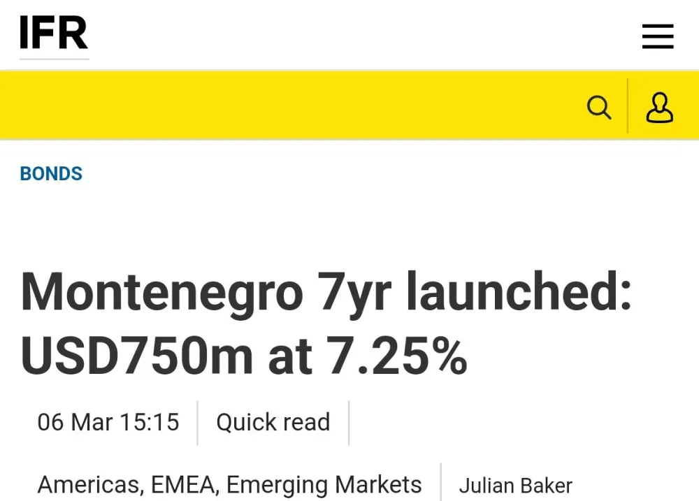 screenshot sa sajta ifre.com koji dokazuje da se Vlada zadužila u dolarima po kamatnoj stopi od 7,25 %