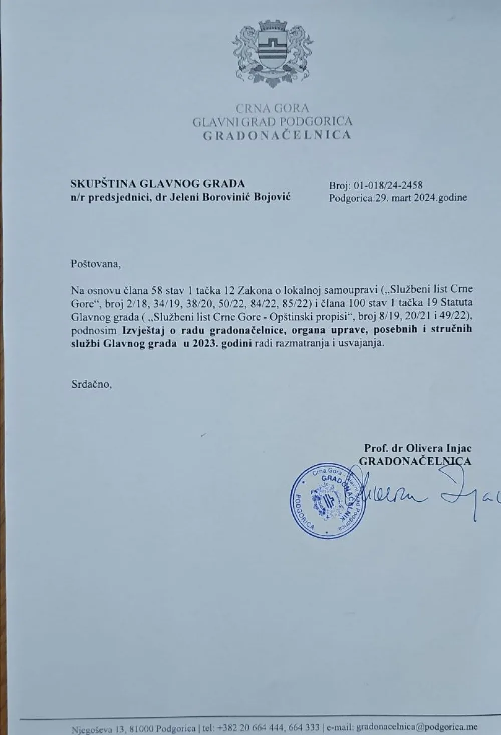  Izvje&scaron;taj o radu gradonačelnice predat 29. marta