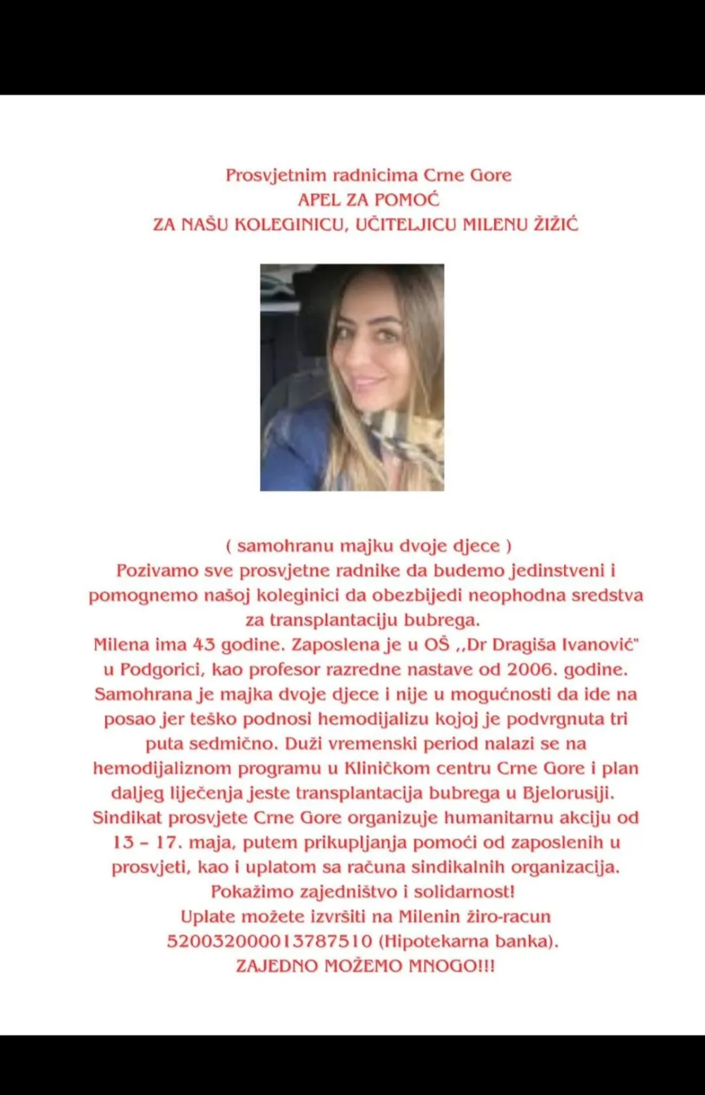 Kolektiv O&Scaron; "Dr Dragi&scaron;a Ivanović" poziva građane da učestvuju u prikupljanju pomoći za liječenje učiteljice Milene