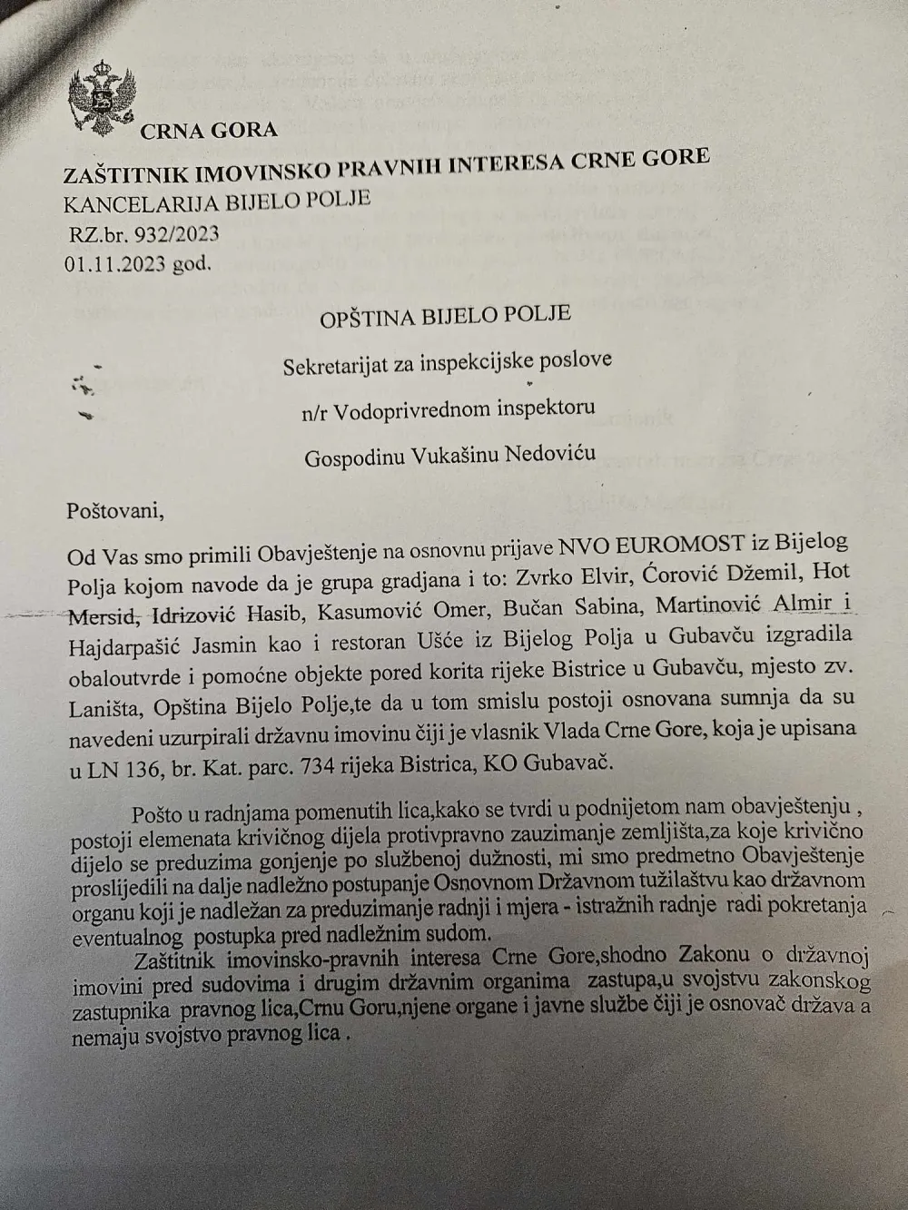 Reagovanje Za&scaron;titnika imovinsko pravnih interesa Crne Gore