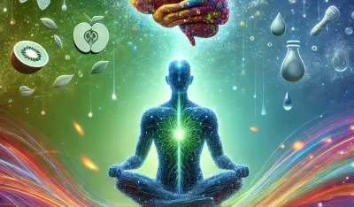 Ilustracija koja prikazuje ljudsku siluetu u meditativnoj pozi sa svjetlećim mozgom, simbolizujući mentalni fokus. Oko figure se nalaze apstraktni elementi poput energije i svjetlosnih linija koje simbolizuju topljenje masnih naslaga i transformaciju tijela. Pozadina je u nijansama plave i zelene boje, pružajući osjećaj smirenosti i obnove, dok su u slici suptilno integrisani motivi zdravog načina života, poput voća, tegova i kapi vode.