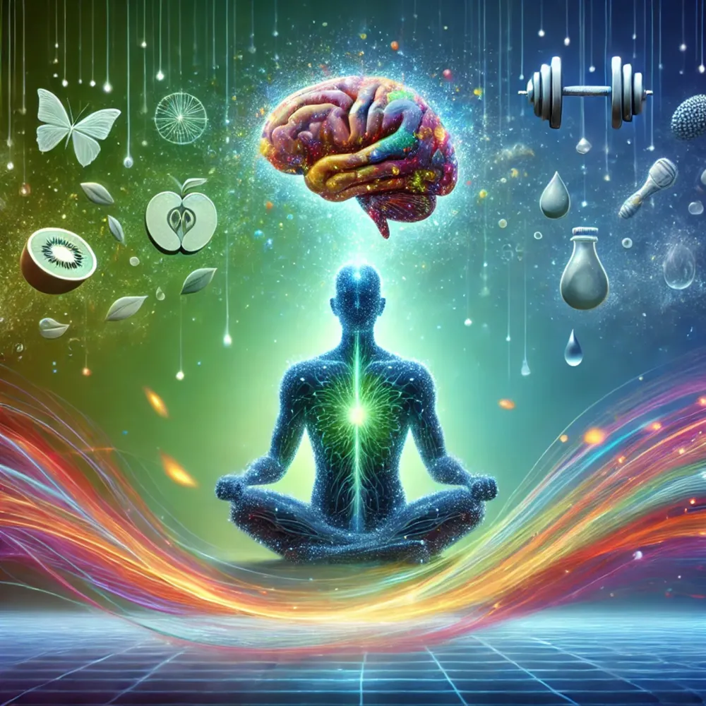 Ilustracija koja prikazuje ljudsku siluetu u meditativnoj pozi sa svjetlećim mozgom, simbolizujući mentalni fokus. Oko figure se nalaze apstraktni elementi poput energije i svjetlosnih linija koje simbolizuju topljenje masnih naslaga i transformaciju tijela. Pozadina je u nijansama plave i zelene boje, pružajući osjećaj smirenosti i obnove, dok su u slici suptilno integrisani motivi zdravog načina života, poput voća, tegova i kapi vode.