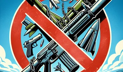Ilustracija zabrane oružja sa simbolom crvenog kruga i dijagonalne linije koji prekriva različite vrste oružja na plavoj pozadini , a pri dnu slike prikazan je zeleni pejzaž