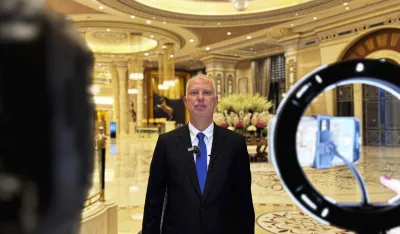 Kirill Dmitriev, the head of the Russian Direct Investment Fund, speaks to journalists at the Ritz Carlton hotel in Riyadh, Saudi Arabia, Tuesday, Feb. 18, 2025. (AP Photo/Baraa Anwer)