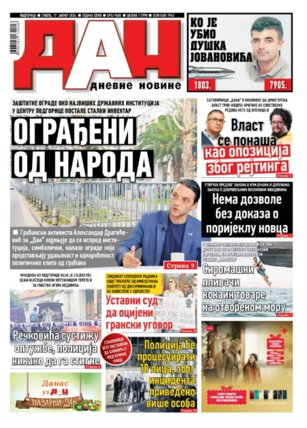 Naslovna strana "Dana" za 17. januar 2026.