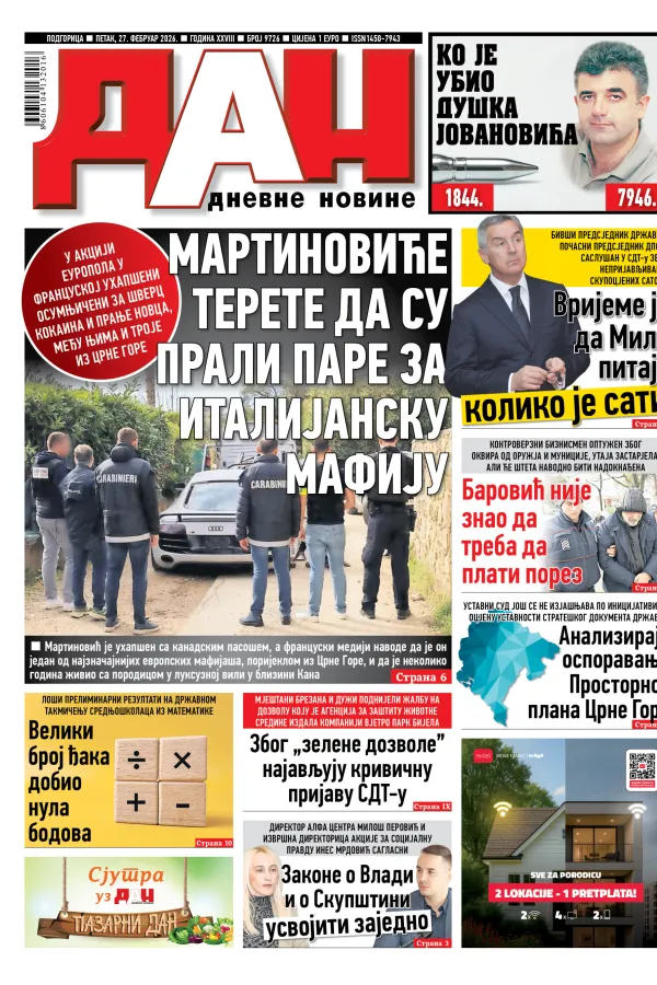 Naslovna strana "Dana" za 27. februar 2026