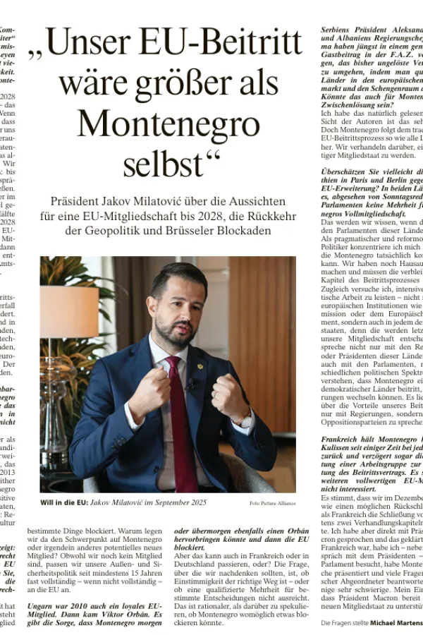Milatović za FAZ: Ulazak Crne Gore u EU oživio bi pro&scaron;irenje