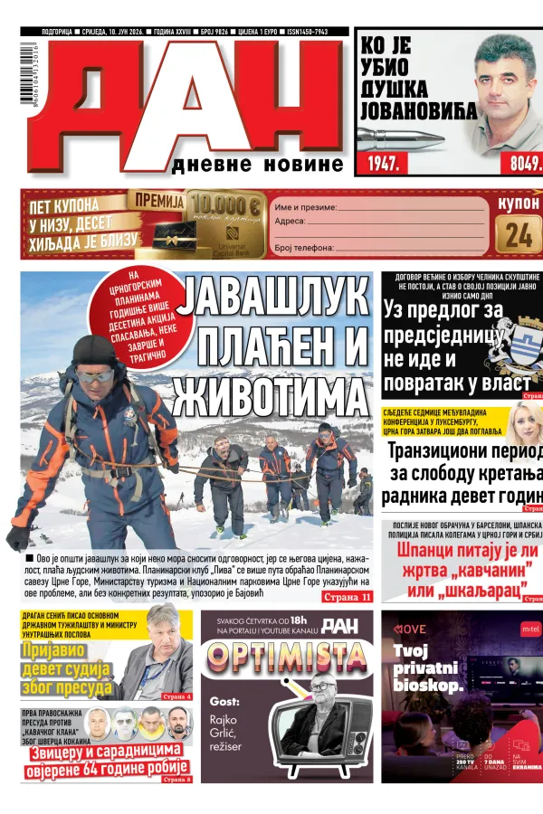 Naslovna strana "Dana" za 10. jun 2026