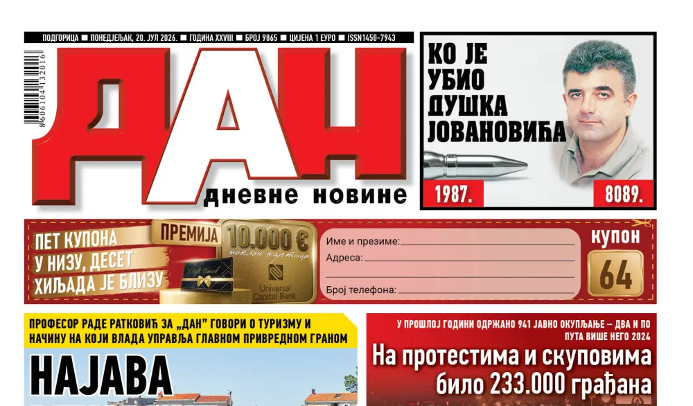 Naslovna strana "Dana" za 20. jul 2026